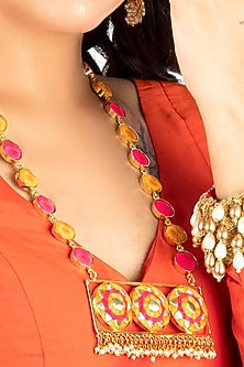 Gold Plated Thread Embroidered & Pearl Long Necklace Set