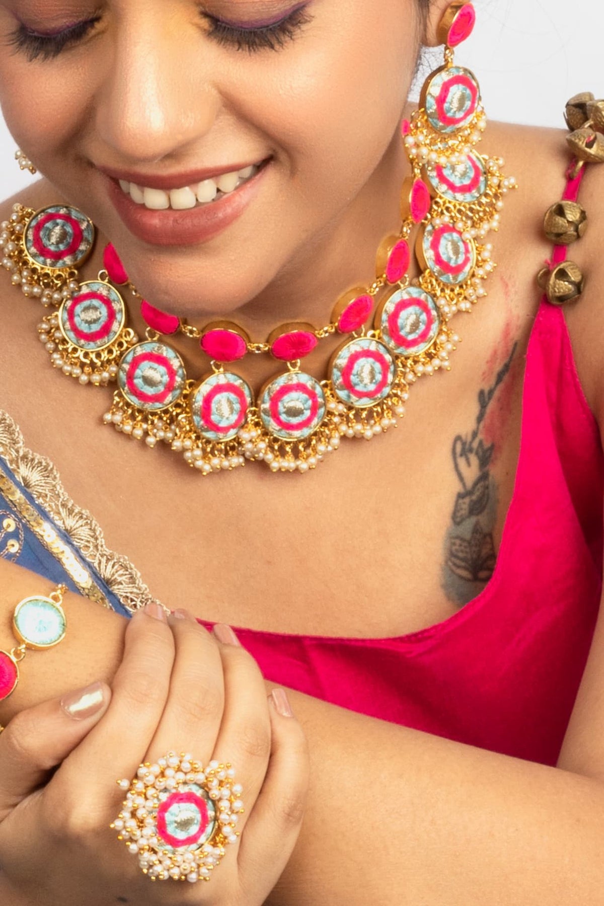 Gold Plated Pastel Blue Embroidered & Pearl Choker Necklace Set
