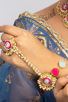 Gold Finish Sky Blue & Pink Silk Thread Embroidered Hathphool