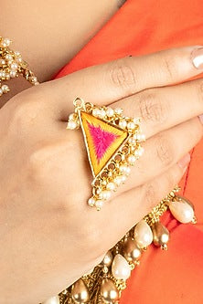 Gold Finish Silk Thread Embroidered & Pearl Ring