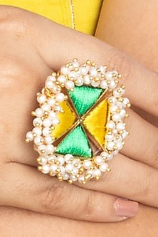 Gold Finish Embroidered & Pearl Ring