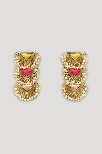 Gold Finish Silk Thread Embroidered & Pearl Layered Triangle Dangler Earrings