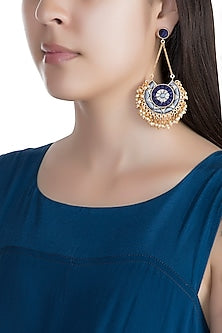 Matte Gold Finish Embroidered Pearl Circular Moon Long Chain Earrings