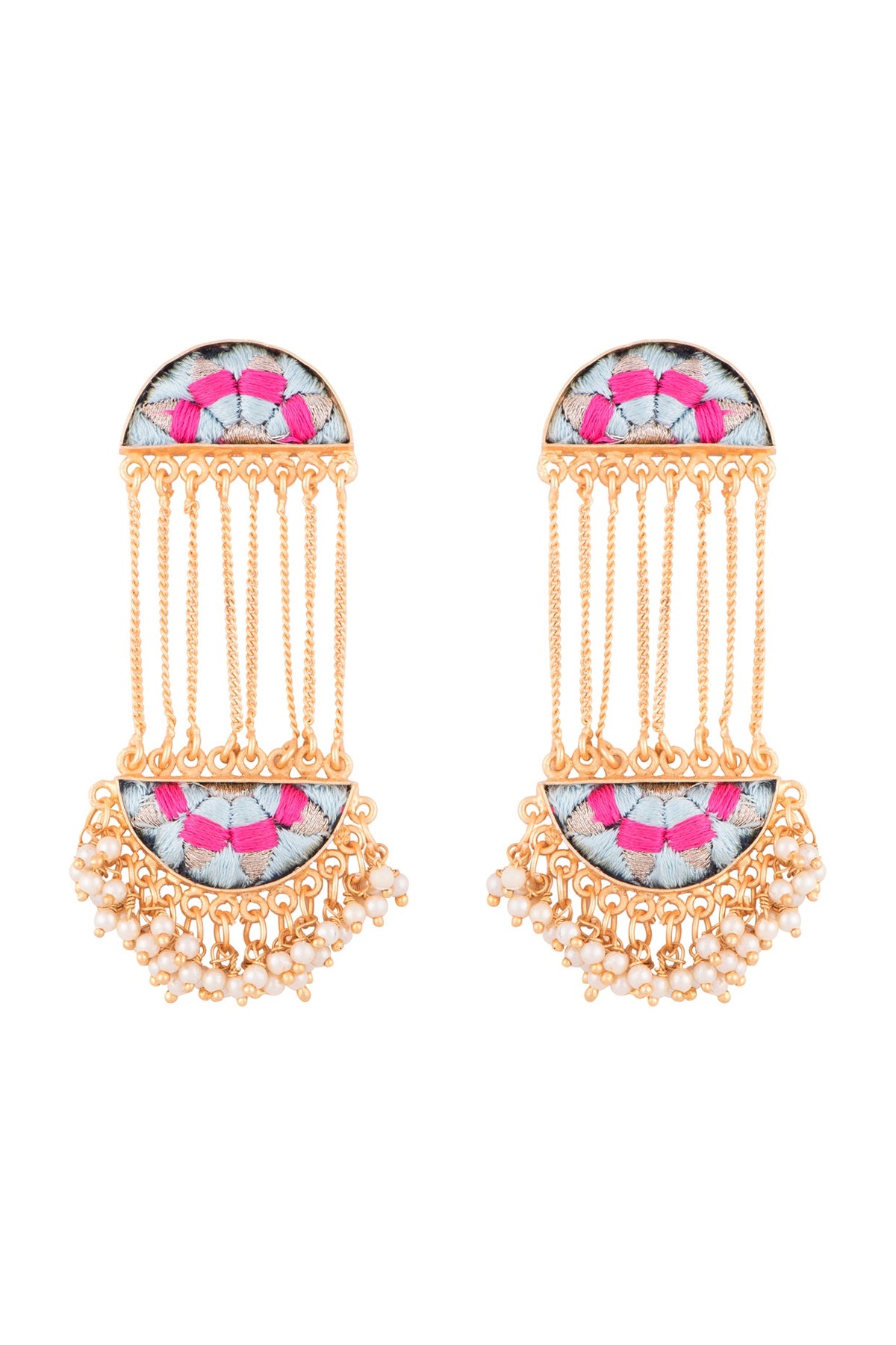 Matte Gold Finish Embroidered Long Chain Earrings