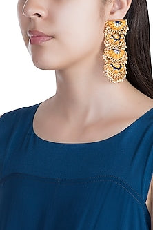 Matte Gold Finish Embroidered Pearl Hanging Layered Long Earrings