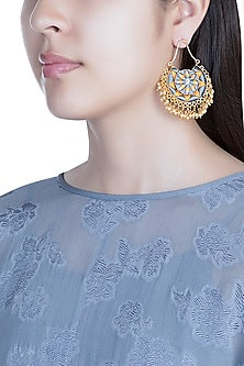 Matte Gold Finish Embroidered Pearl Hanging Moon Earrings