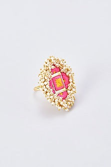 Gold Finish Embroidered Ring With Pearl Beads