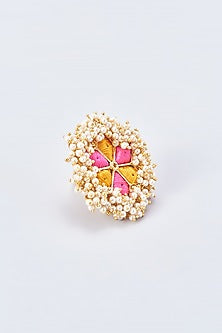 Gold Finish Embroidered Ring With Pearl Beads