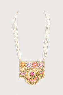Gold Finish Embroidered Long Pendant Necklace