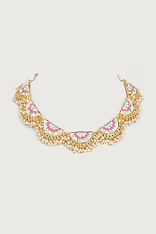 Gold Finish Embroidered Single Layered Semi-Circular Necklace
