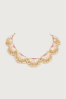 Gold Finish Embroidered Single Layered Semi-Circular Necklace