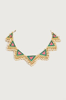 Gold Finish Embroidered Single Layered Triangle Necklace