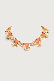 Gold Finish Embroidered Single Layered Triangle Necklace