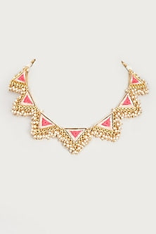 Gold Finish Embroidered Single Layered Triangle Necklace