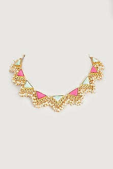 Gold Finish Embroidered Single Layered Triangle Necklace