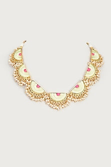 Gold Finish Embroidered Single Layered Semi-Circular Necklace