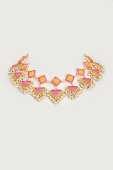 Gold Finish Embroidered Double Layered Square Necklace