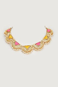 Gold Finish Embroidered Single Layered Triangle With Pipe Necklace