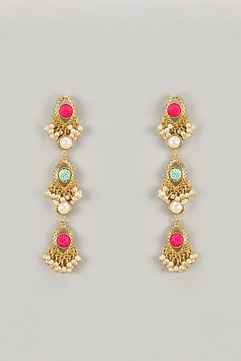 Gold Plated Mint Green & Ivory Enameled Dangler Earrings