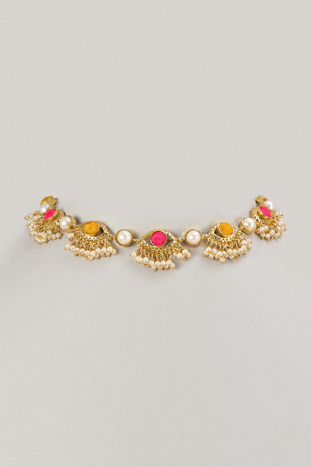 Gold Plated Multi-Colored Enameled & Pearl Choker Necklace