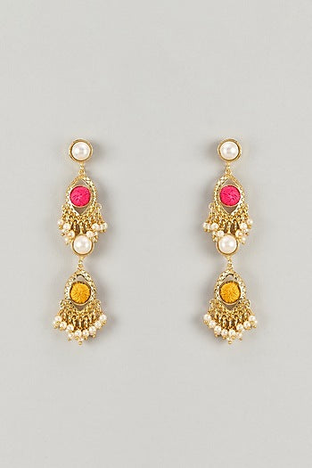 Gold Plated Multi-Colored Enameled & Pearl Dangler Earrings