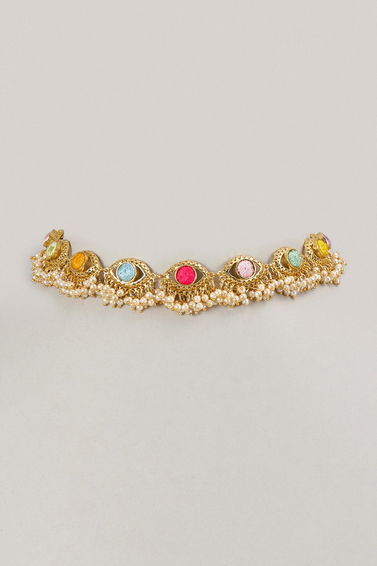 Gold Plated Multi-Colored Enameled & Pearl Choker Necklace