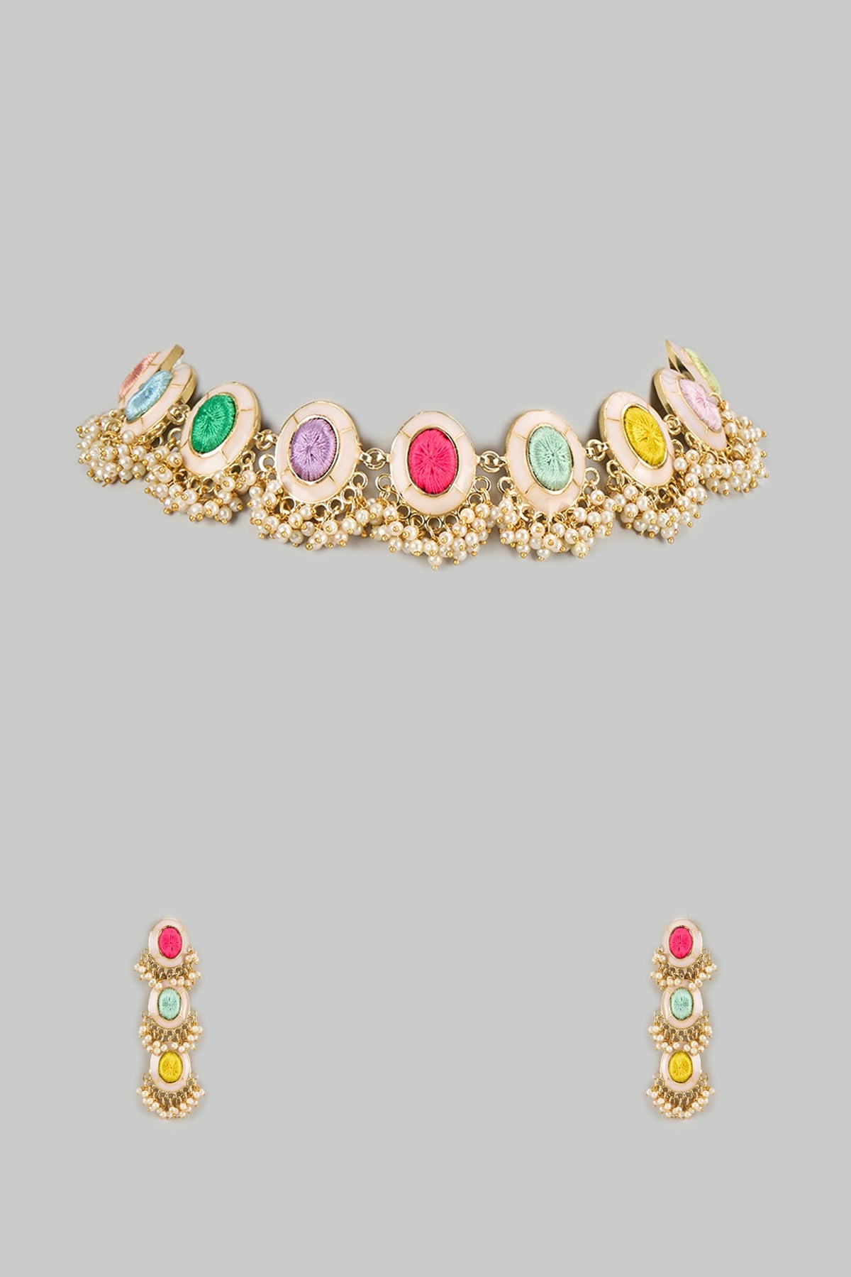 Gold Plated Multi-Colored Enameled Necklace Set