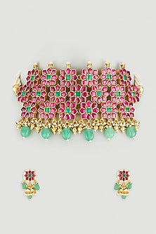 Gold Plated Green & Pink Jadtar Necklace Set