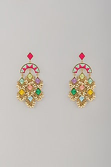 Matte Gold Finish Embroidered Semi-Circular Dangler Earrings