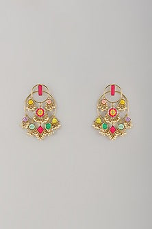 Gold Finish Pearl & Thread Embroidered Dangler Earrings