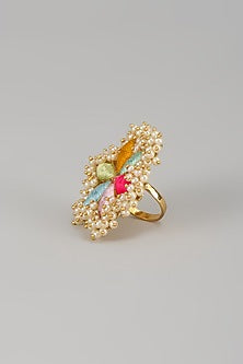 Matte Gold Finish Pearl & Multi-Colored Embroidered Ring