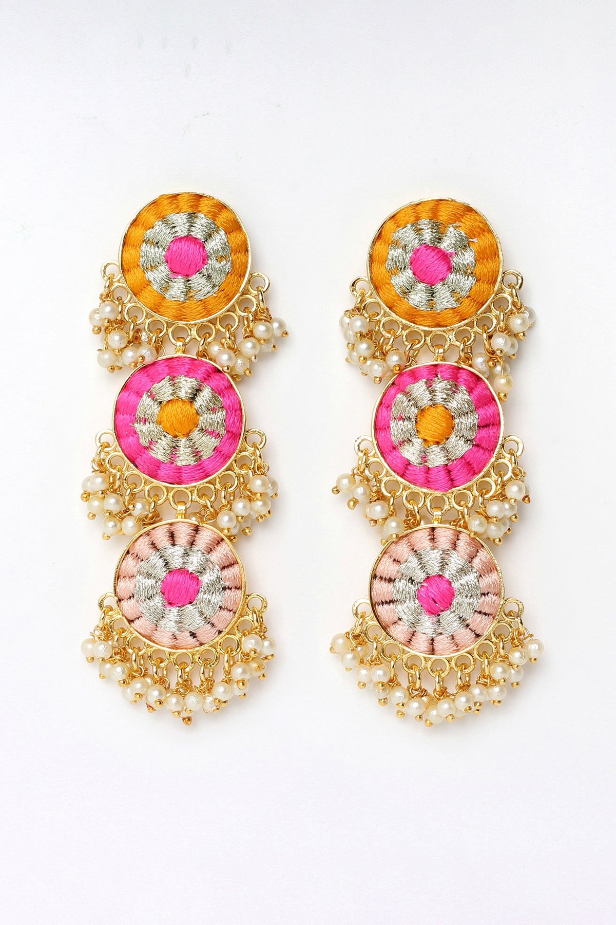 Matte Gold Finish Multi-Colored Zari Embroidered & Pearl Tiered Dangler Earrings