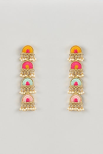Matte Gold Finish Multi-Colored Embroidered & Pearl Hanging Semi-Circular Dangler Earrings