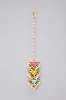 Gold Plated Pearl Bead & Multi-Colored Silk Embroidered Maangtikka