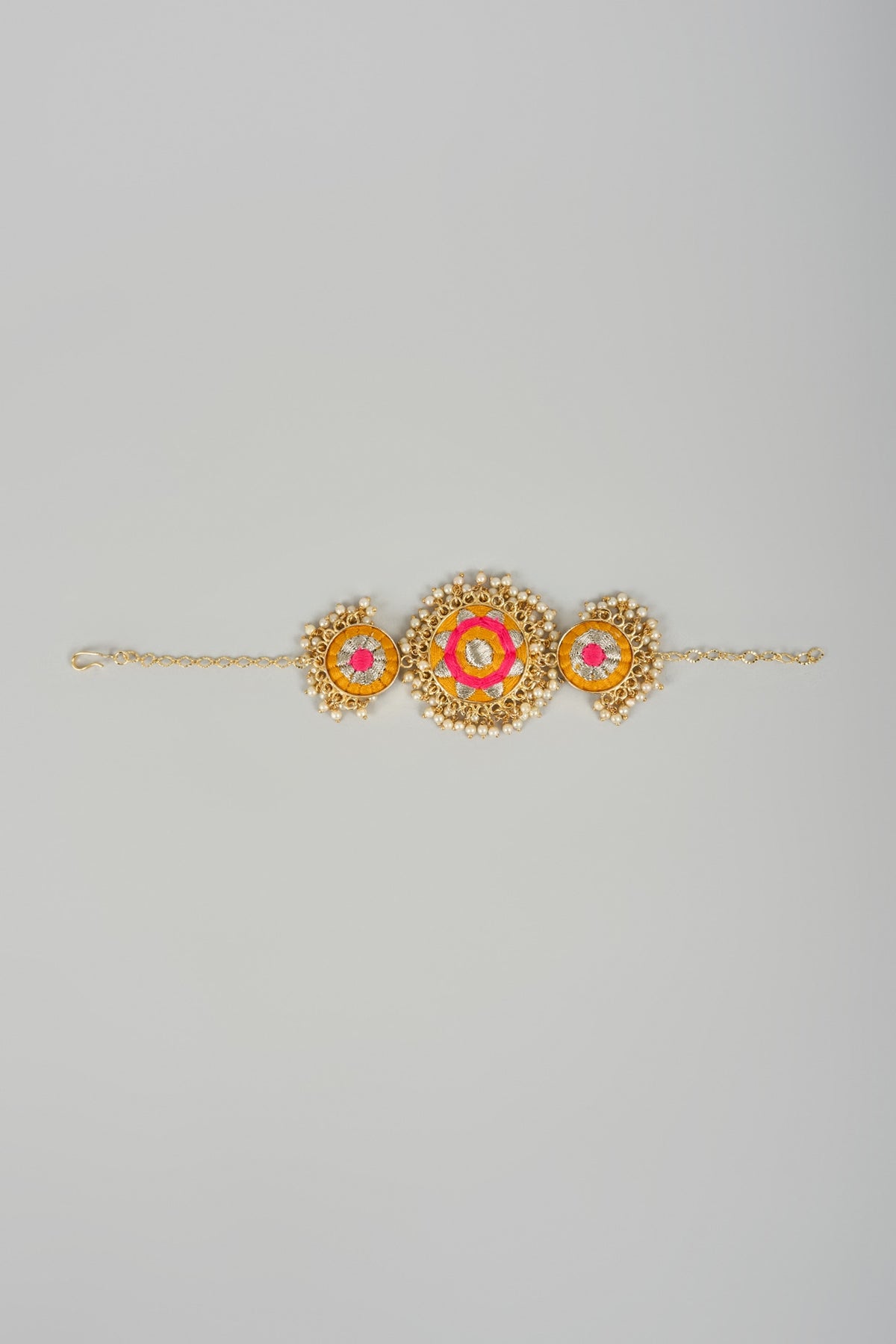 Matte Gold Finish Yellow & Hot Pink Embroidered Layered Necklace Set