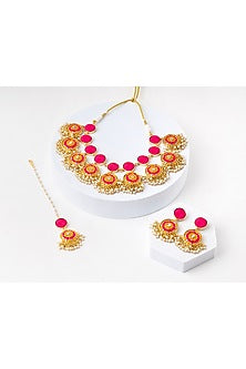 Matte Gold Finish Yellow & Pink Zari Silk Embroidered Layered Necklace Set