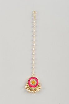 Matte Gold Finish Yellow & Hot Pink Embroidered Necklace Set