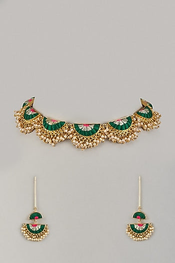 Gold Plated Green Enameled Necklace Set