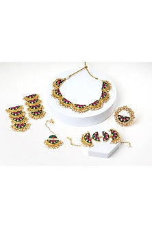 Matte Gold Finish Dark Green & Pink Zari Silk Embroidered Layered Semi-Circular Necklace Set