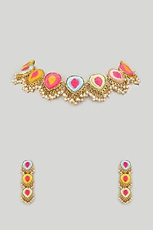 Gold Finish Pearl & Hand Embroidered Choker Necklace Set
