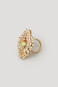 Matte Gold Finish Multi-Colored Embroidered & Pearl Ring
