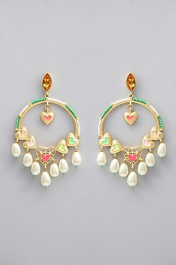 Gold Plated Pearl Multi-Colored Enameled Dangler Earrings