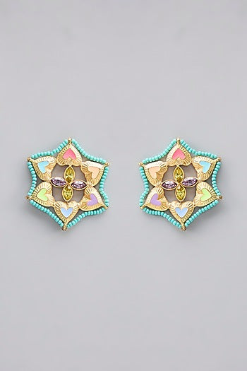Gold Plated Pearl Multi-Colored Enameled Stud Earrings