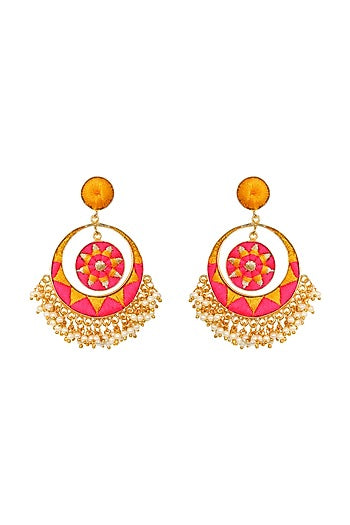 Matte Gold Finish Chandbali Earrings With Thread Embroidery