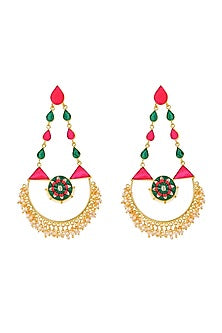 Matte Gold Finish Chandbali Earrings With Thread & Pearls