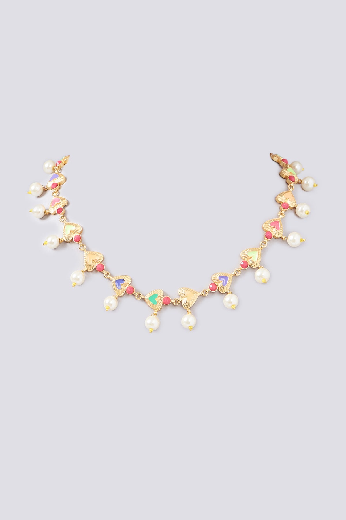 Gold Finish Multi-Colored Enameled Heart & Crystal Choker Necklace