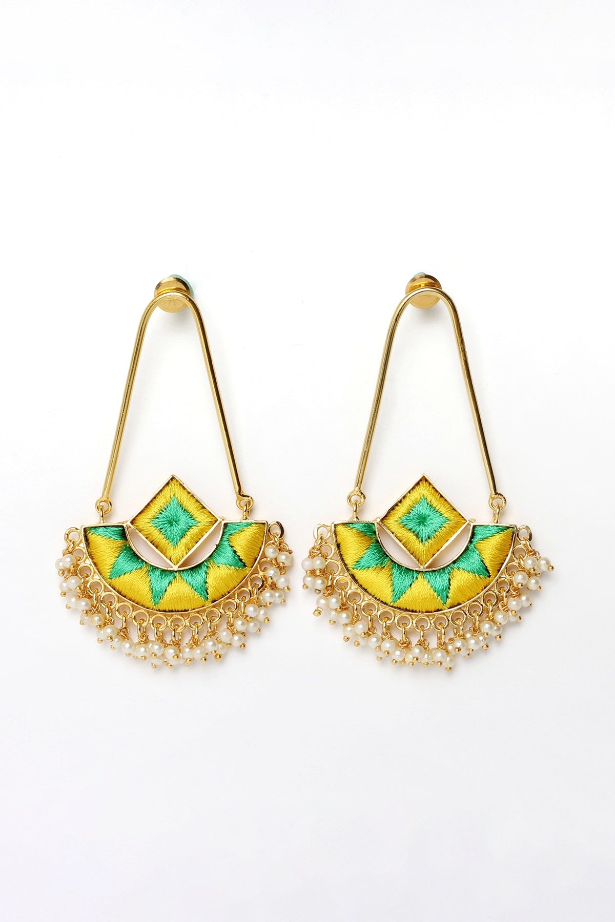 Matte Gold Finish Zari Embroidered & Pearl Chandbali Earrings