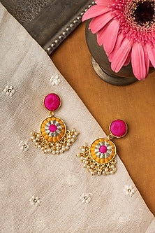 Matte Gold Finish Zari Embroidered & Pearl Dangler Earrings