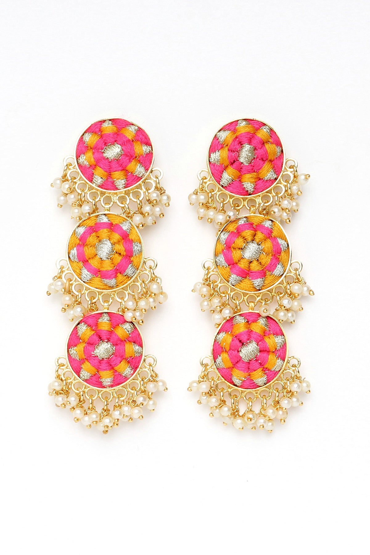 Matte Gold Finish Zari Embroidered & Pearl Tiered Dangler Earrings