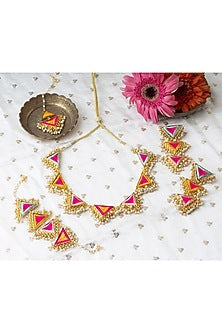 Matte Gold Finish Multi-Colored Embroidered & Pearl Hanging Layered Necklace Set